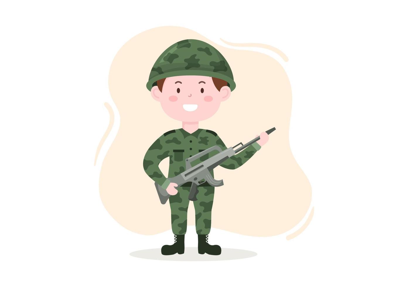 militare esercito vigore modello mano disegnato carino cartone animato piatto illustrazione con soldato, arma, serbatoio o protettivo pesante attrezzatura vettore