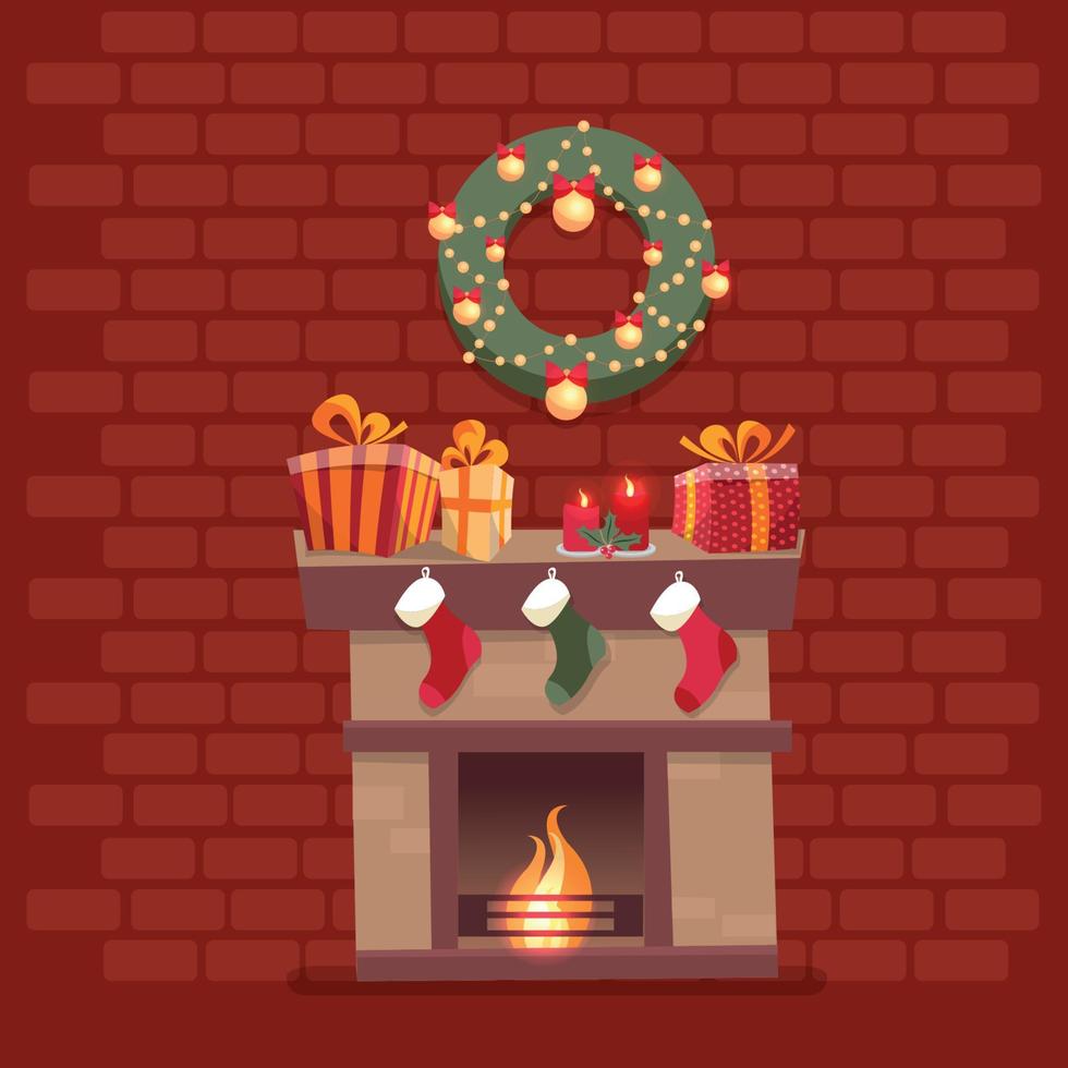 camera interno con Natale camino con calzini, decorazioni, regalo scatole, candele, calzini e ghirlanda su sfondo di un' buio rosso mattone parete. carino piatto cartone animato stile vettore illustrazione.