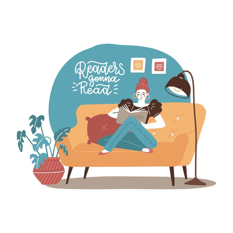 giovane donna rilassante su giallo divano e lettura libro a casa. vettore mano disegnato piatto illustrazione