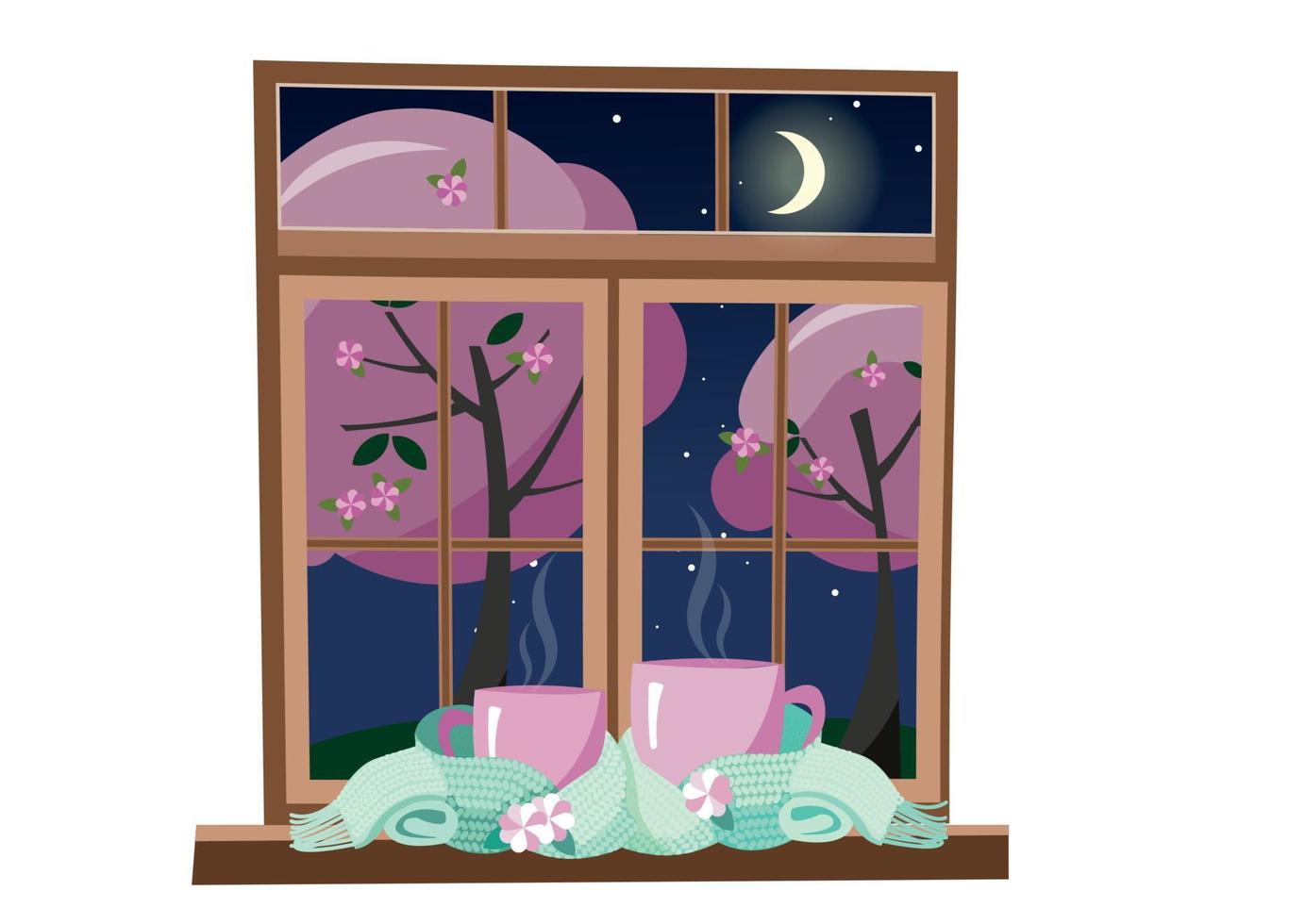 Due rosa tazze avvolto nel leggero menta verde sciarpa e in piedi su finestre contro il sfondo di primavera notte con Luna e stelle. tazze legato insieme riscaldamento sciarpa. piatto cartone animato vettore illustrazione