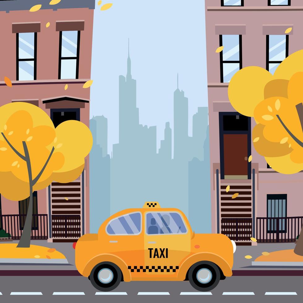 America città strada. urbano paesaggio. accogliente giallo Taxi su nuovo York strada nel Residenziale la zona con giallo alberi nel il primo piano, e sagome di centro nel sfondo.vettore piatto cartone animato concetto vettore