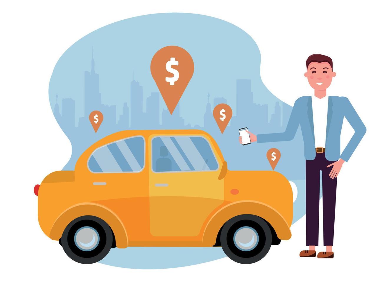 uomo richiedendo cavalcata su cellula Telefono. affitto un' auto utilizzando mobile app. in linea car sharing concetto. lato Visualizza di auto su sfondo di silhouette di città e geolocalizzazione segno.vettore piatto cartone animato illustrazione vettore