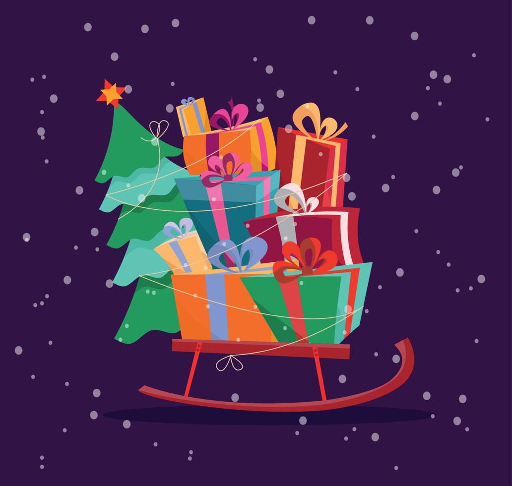 figli di slitta con pila di regali e Natale albero su buio blu sfondo con neve. regalo scatole siamo meravigliosamente decorato con nastri e archi. piatto cartone animato stile vettore illustrazione.