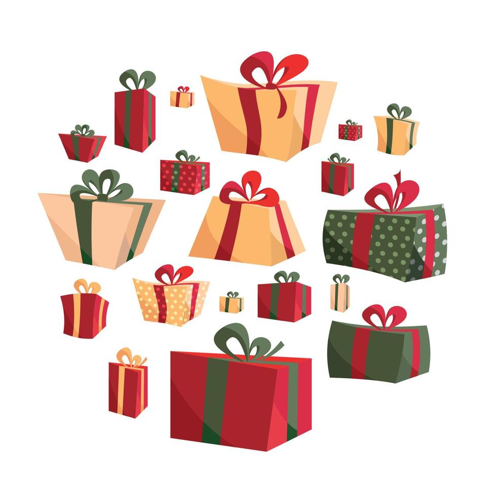 collezione di diverso cartone animato volume piatto presente scatola isolato su bianca sfondo. nuovo anni e Natale luminosa arredamento nel piatto stile. pastello rosso, beige, verde regalo scatole con archi. vettore