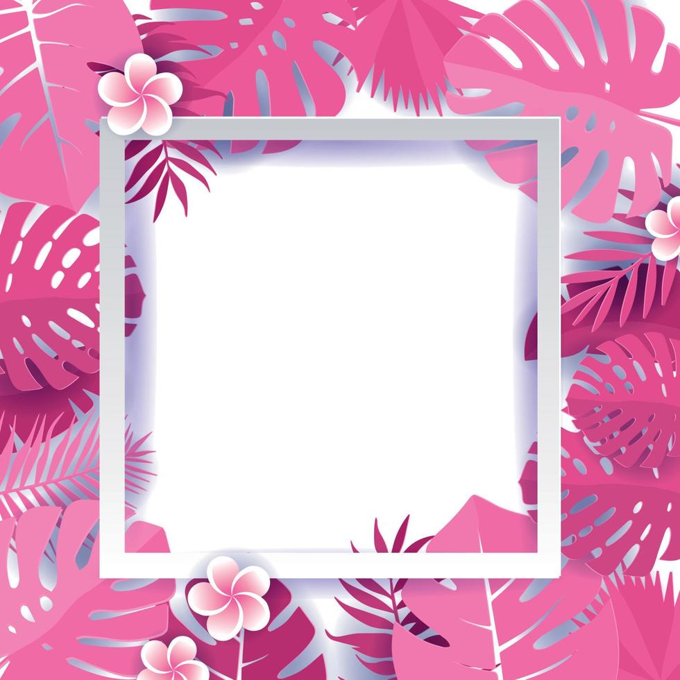 di moda estate tropicale palma rosa le foglie con bianca piazza telaio vettore design. carta tagliare telaio a partire dal mostri, banana foglia. vettore illustrazione con gratuito spazio per testo. saluto carta