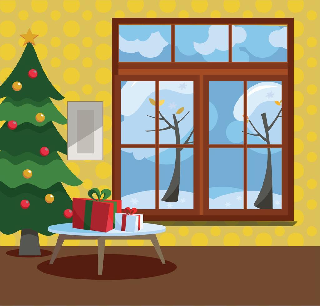 di legno finestra prospiciente il inverno innevato alberi. giallo muri, nuovo anno albero e un' tavolo con i regali nel cartone scatole con fiocchi nel il interno. piatto cartone animato stile vettore illustrazione.