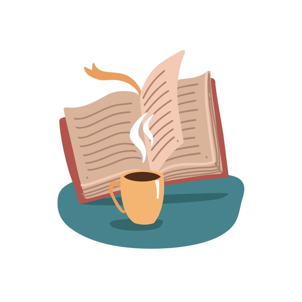 Aperto libro e tazza, boccale di caldo tè o caffè bevanda, lettura club o libro blog logo modello, carino piatto vettore illustrazione su bianca sfondo.