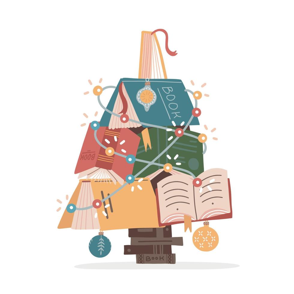 Natale albero fatto di colorato libri e natale palle e ghirlanda. carino luminosa design di libri. casa biblioteca o libreria decorazione. piatto vettore illustrazione.