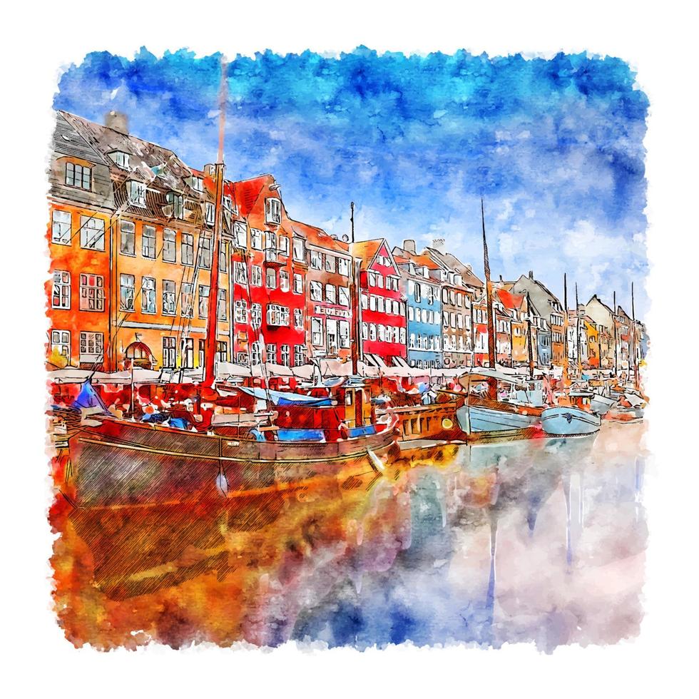 illustrazione disegnata a mano di schizzo dell'acquerello di copenhagen danimarca vettore