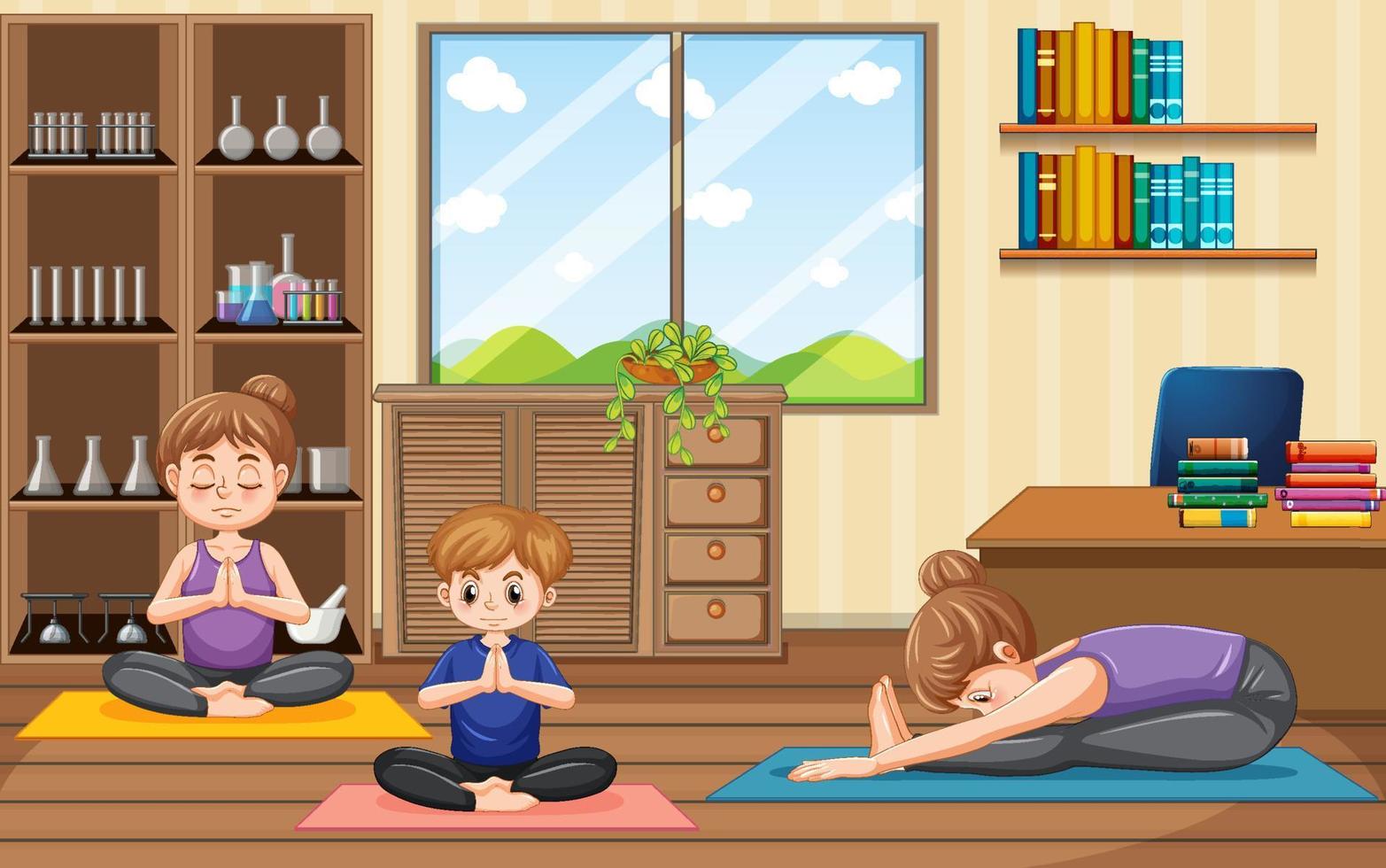 famiglia fare yoga nel yoga studio scena vettore