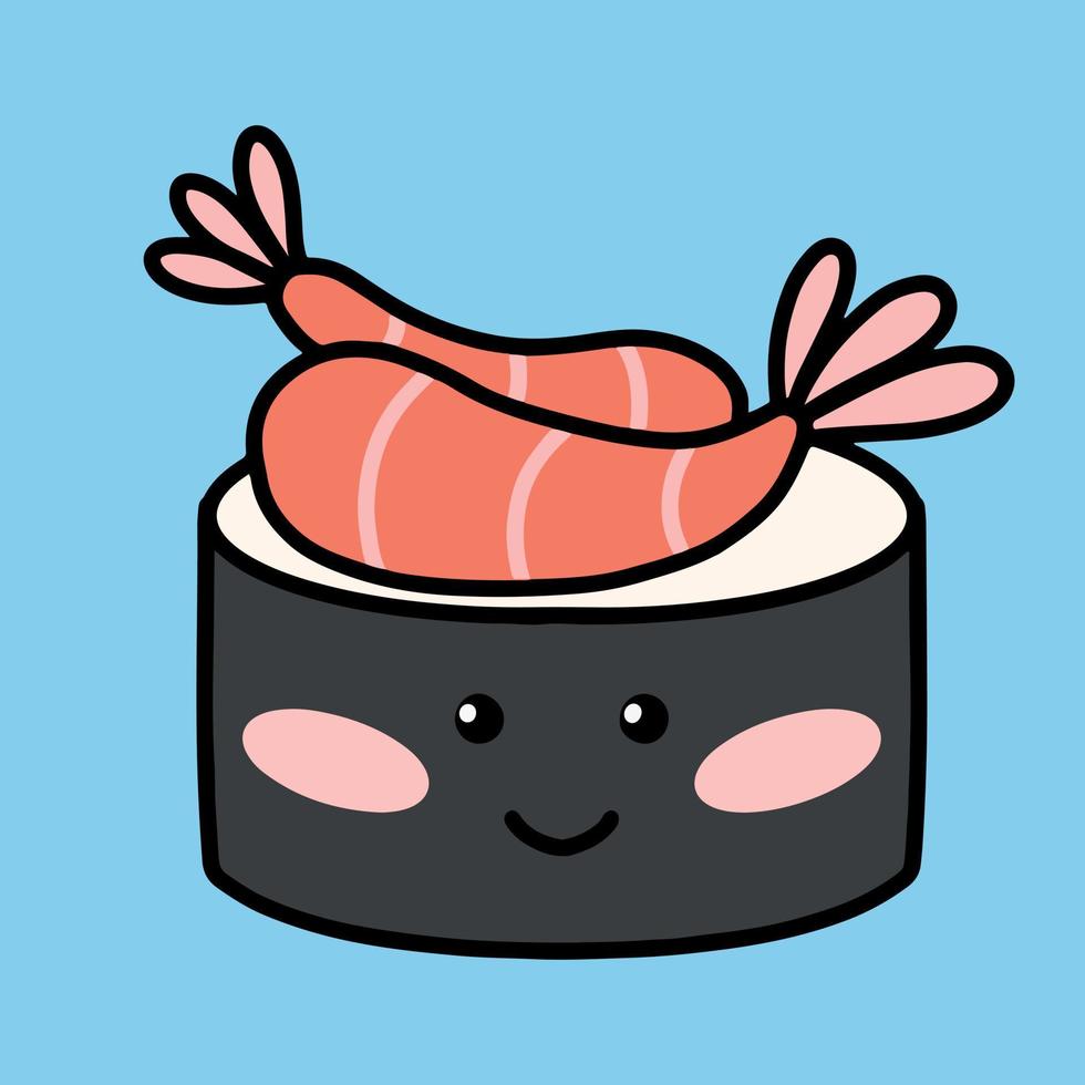 Sushi nel kawaii stile. carino giapponese Sushi con un' Sorridi. vettore illustrazione. cartone animato stile. logo per un' Sushi ristorante. divertente Sushi carattere.