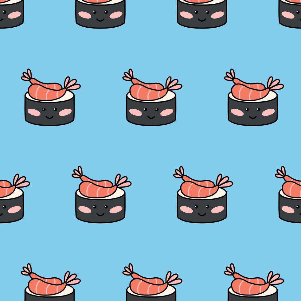 senza soluzione di continuità modello con divertente Sushi nel kawaii stile. vettore illustrazione . cartone animato stile. Stampa con Sushi carattere.