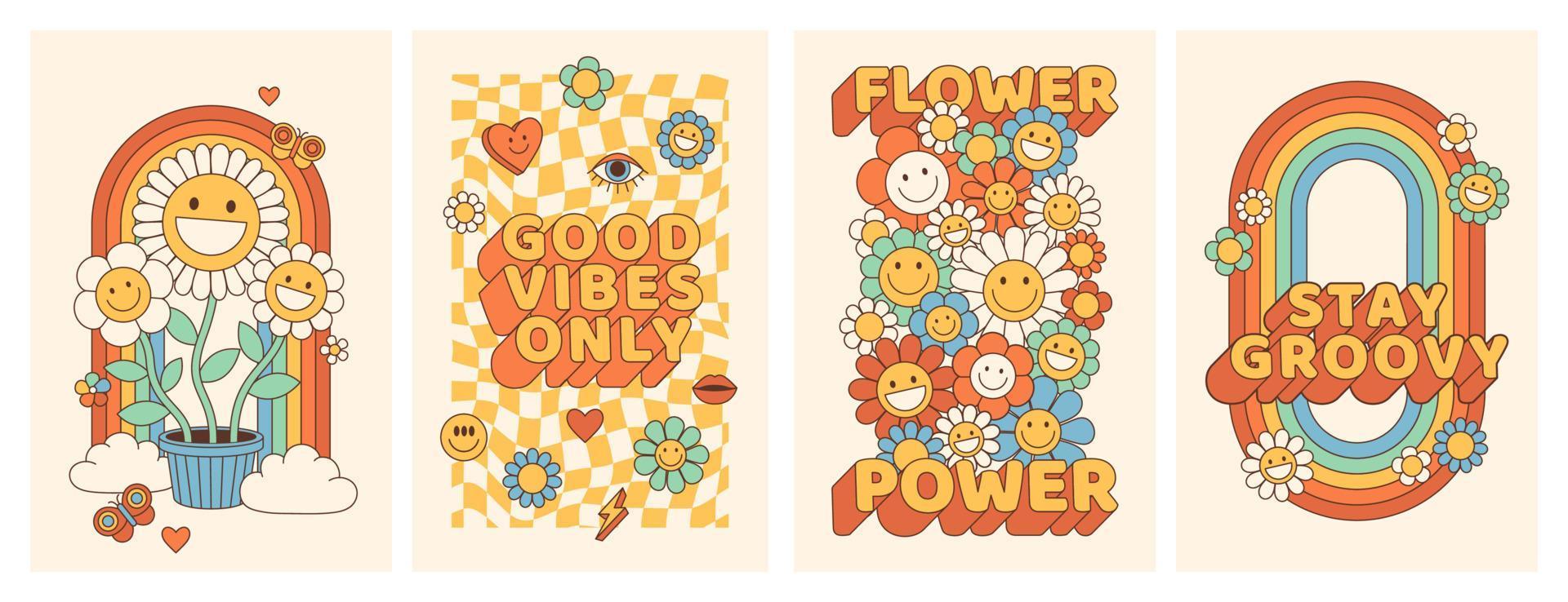 Groovy hippie 70s manifesti con fiore, arcobaleno, amore nel di moda retrò psichedelico cartone animato stile. vettore