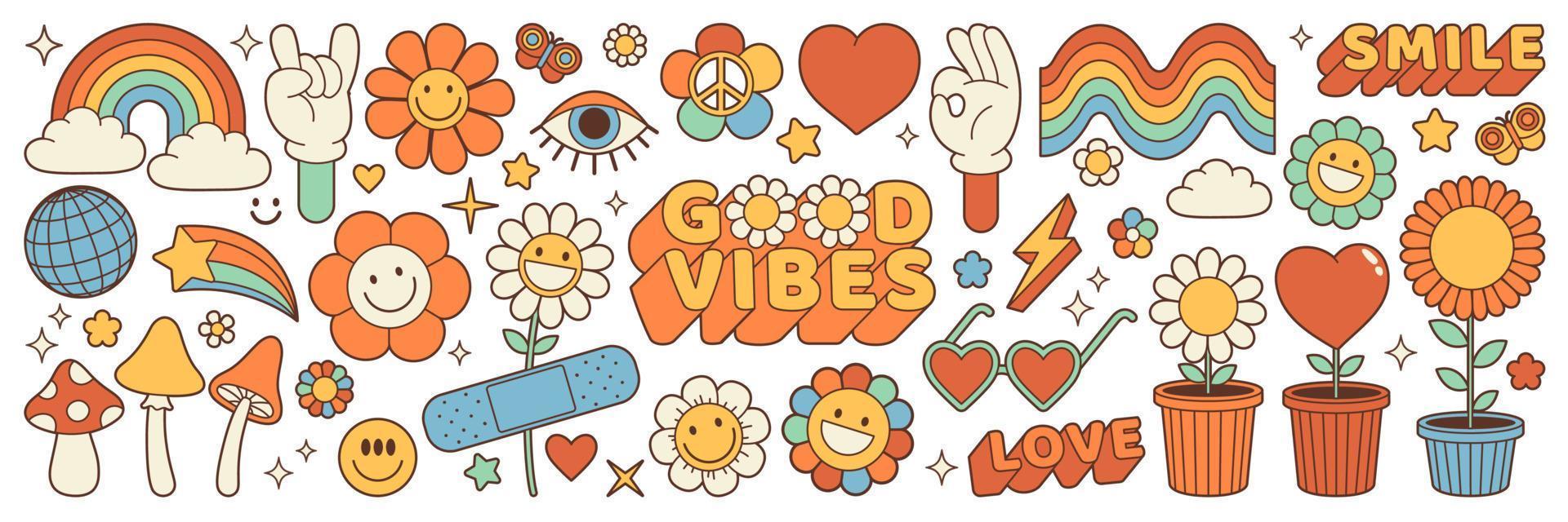 Groovy hippie 70s adesivi. divertente cartone animato fiore, arcobaleno, pace, cuore nel retrò psichedelico stile. vettore