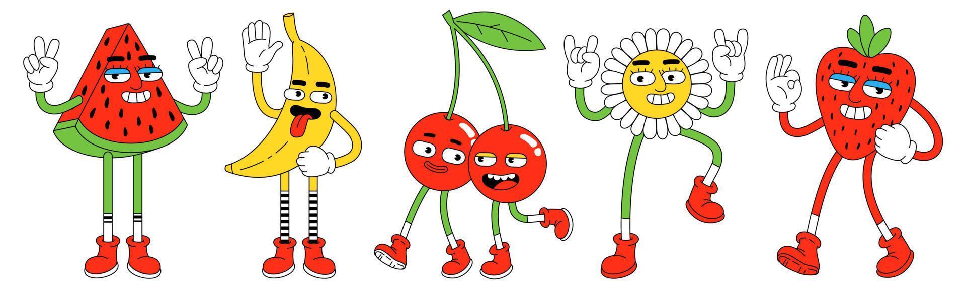 divertente personaggi nel di moda retrò cartone animato stile. anguria, Banana, ciliegia, fragola e fiore. vettore