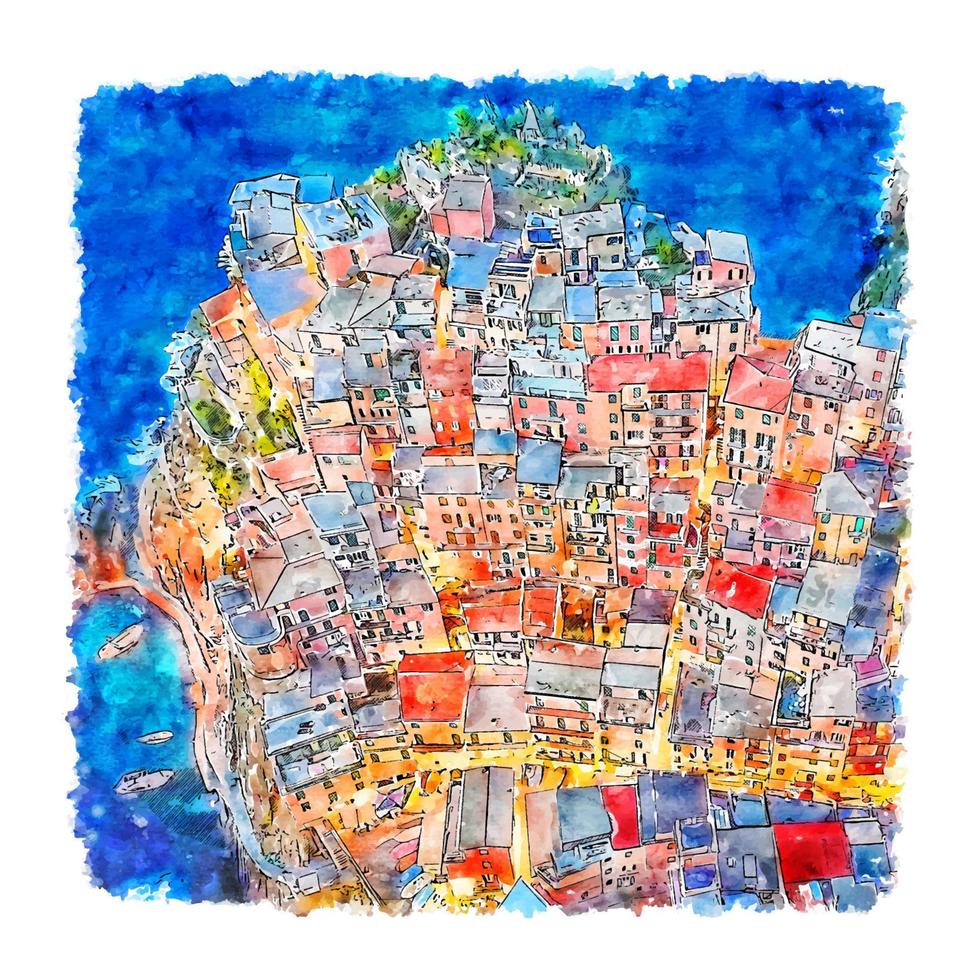 illustrazione disegnata a mano di schizzo dell'acquerello di manarola italia vettore