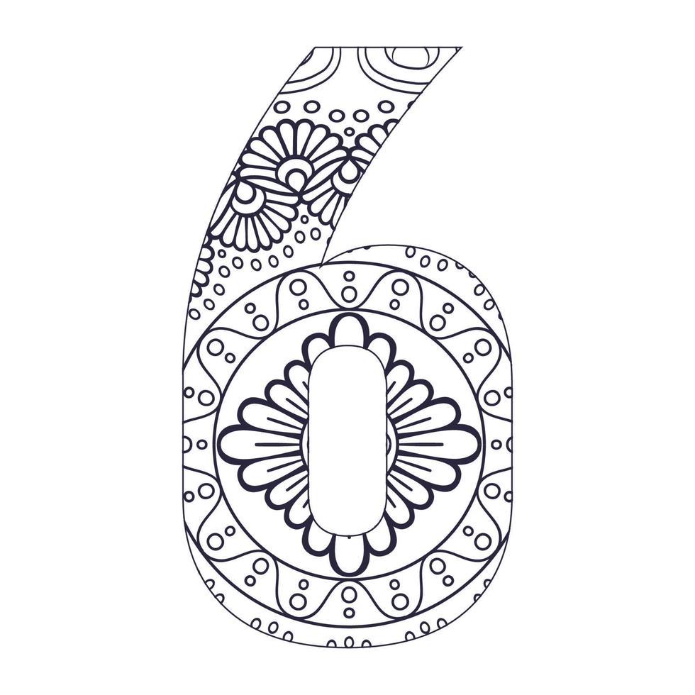 mandala numero 6 colorazione pagina con vettore illustrazione ornamentale font