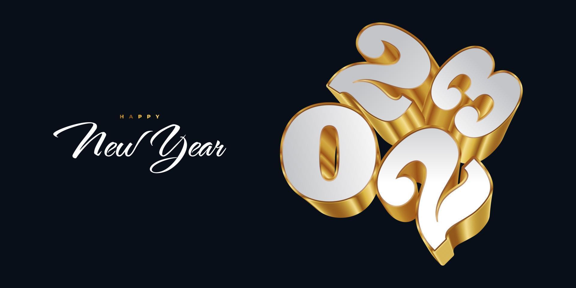 contento nuovo anno 2023 con bianca e oro 3d numeri. nuovo anno design per striscione, manifesto e saluto carta vettore