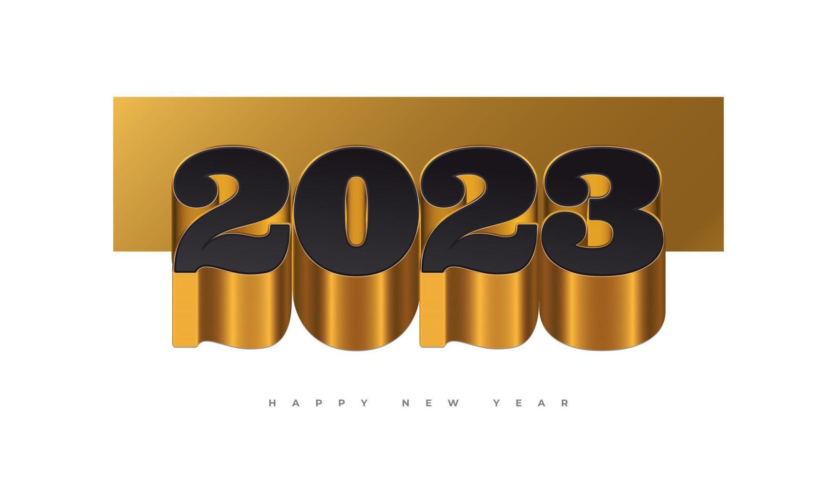 contento nuovo anno 2023 con nero e oro 3d numeri isolato su bianca sfondo. nuovo anno design per striscione, manifesto e saluto carta vettore