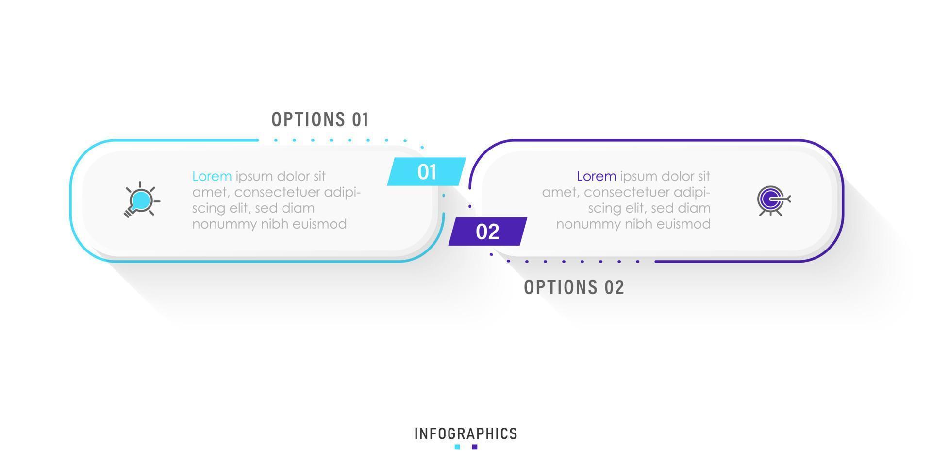 modello di progettazione di etichetta infografica vettoriale con icone e 2 opzioni o passaggi. può essere utilizzato per diagramma di processo, presentazioni, layout del flusso di lavoro, banner, diagramma di flusso, grafico informativo.