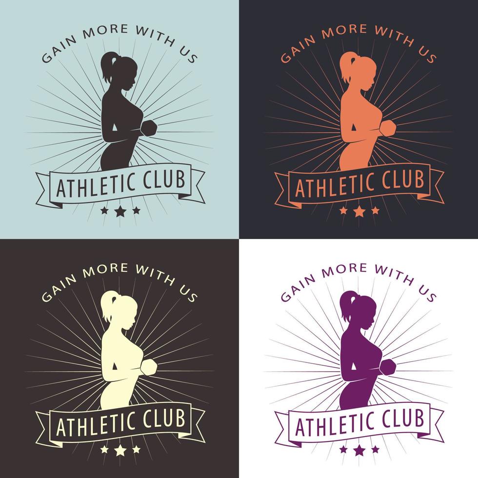 guadagno Di Più con noi logo, distintivo, maglietta Stampa con in posa atletico ragazza, fitness logo nel diverso colori, vettore illustrazione