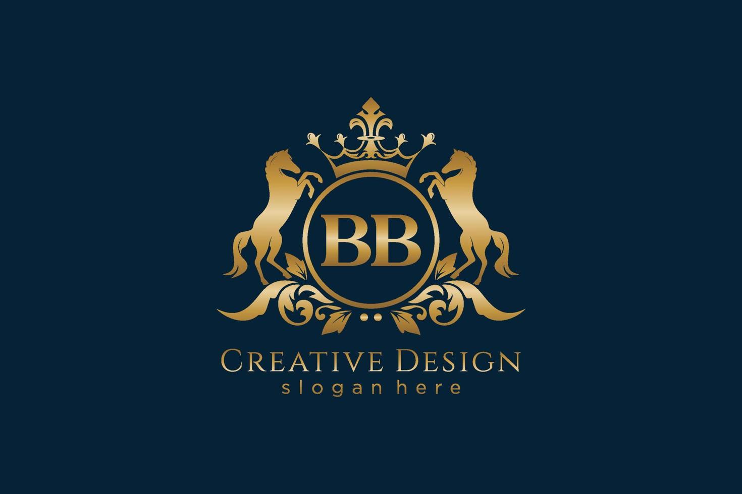 iniziale bb retrò d'oro cresta con cerchio e Due cavalli, distintivo modello con pergamene e reale corona - Perfetto per lussuoso il branding progetti vettore