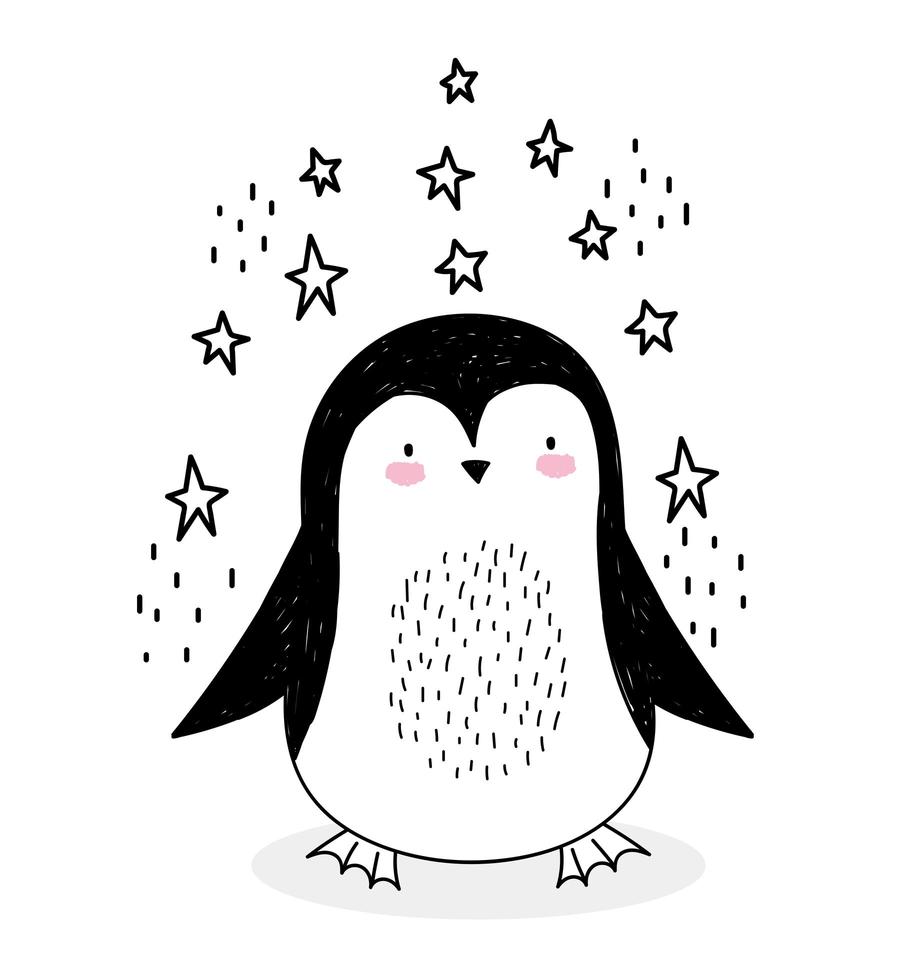 piccolo pinguino con stelle in stile schizzo vettore