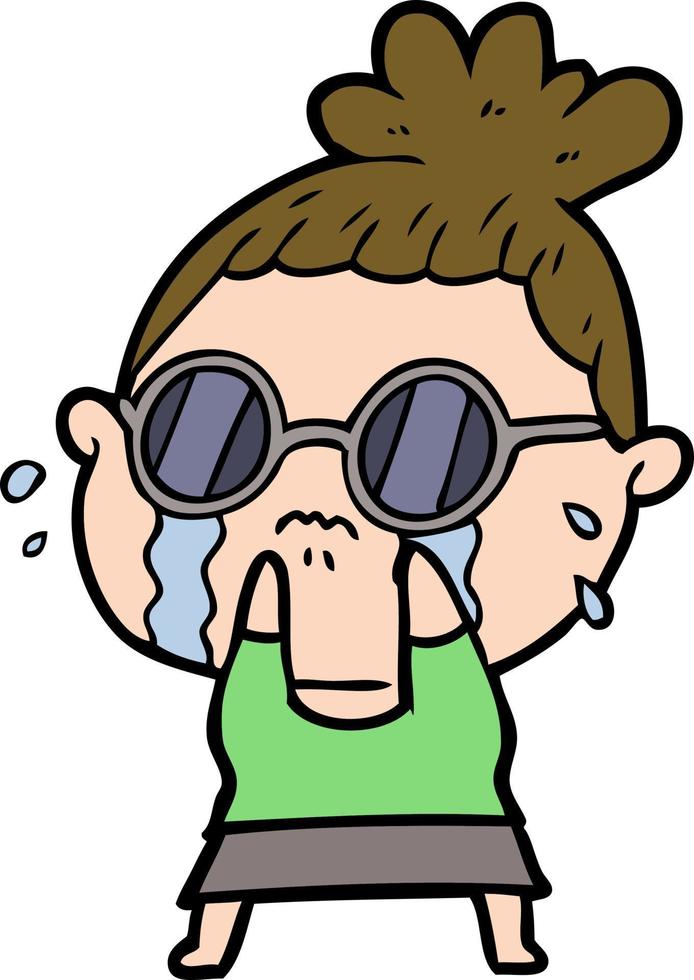 cartone animato pianto donna indossare occhiali da sole vettore