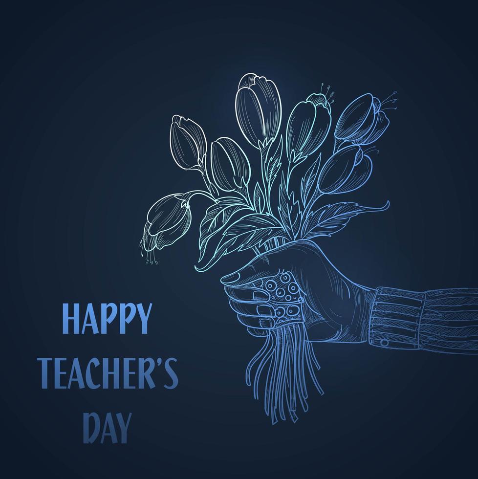 mano con bouquet di fiori schizzo sfondo giorno dell'insegnante vettore