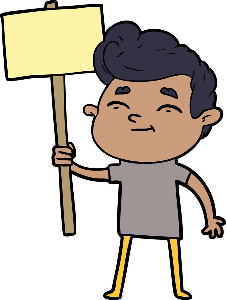 contento cartone animato uomo con cartello vettore