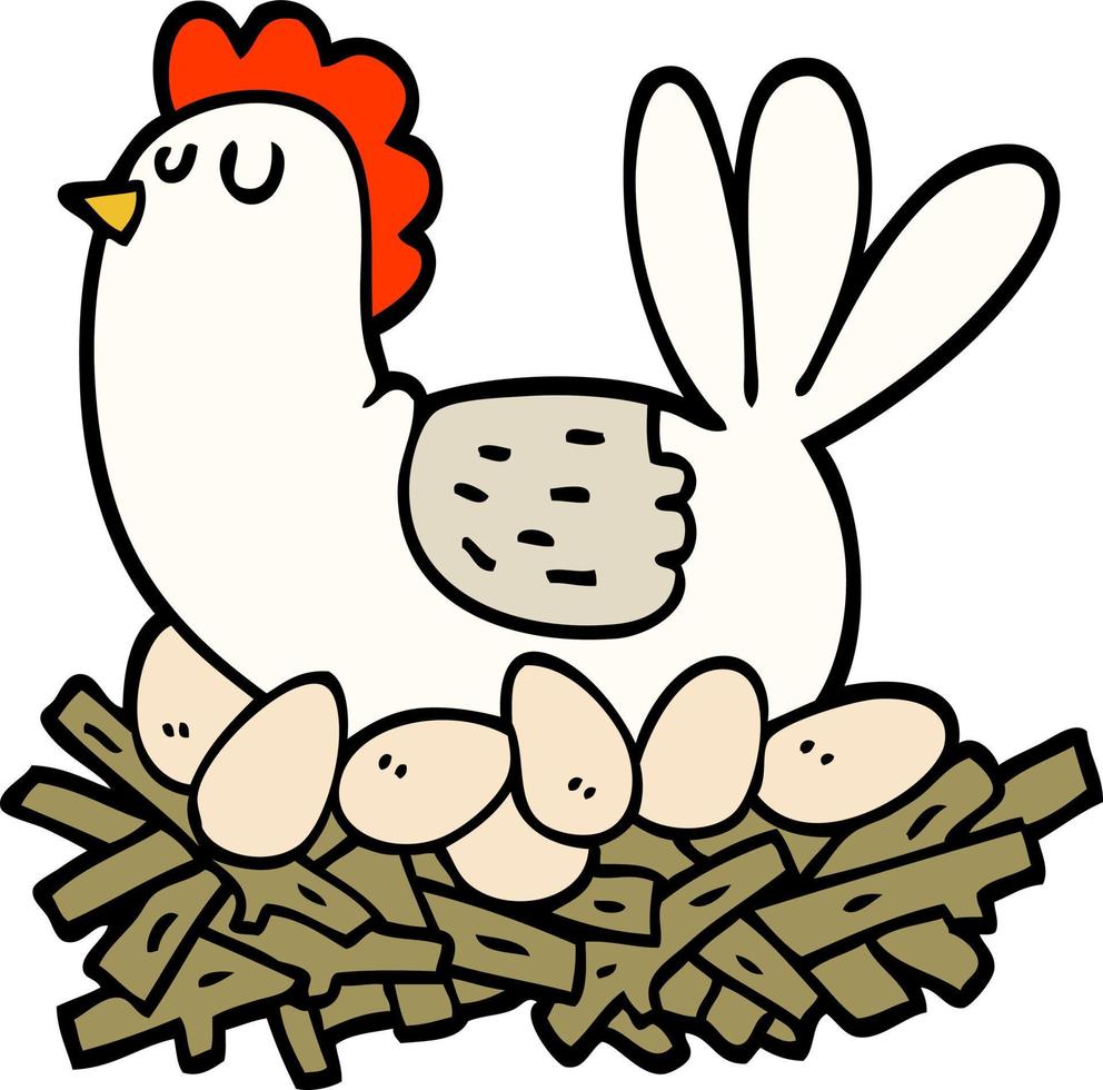 mano disegnato scarabocchio stile cartone animato pollo su nido di uova vettore