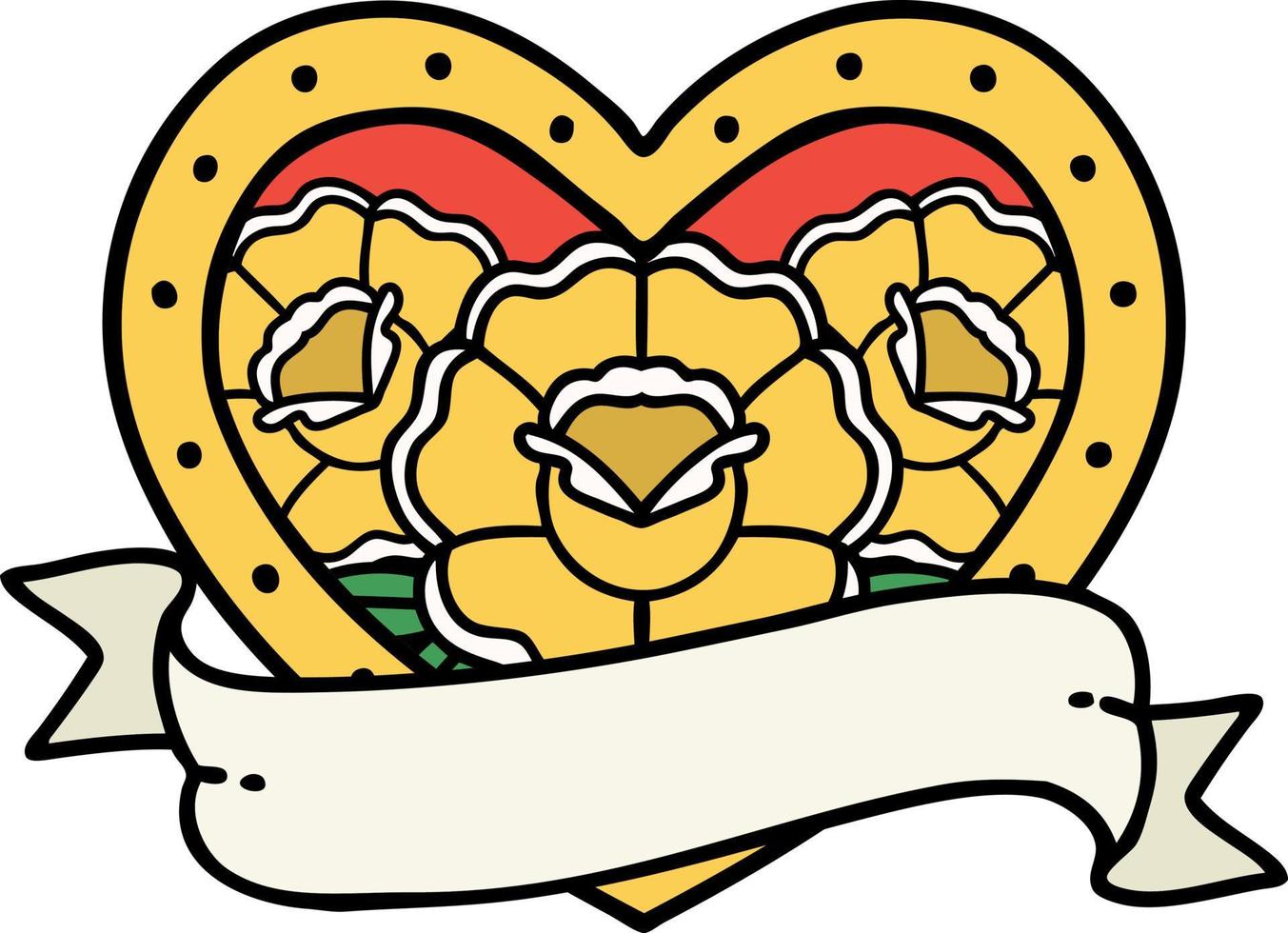 tradizionale tatuaggio di un' cuore e bandiera con fiori vettore