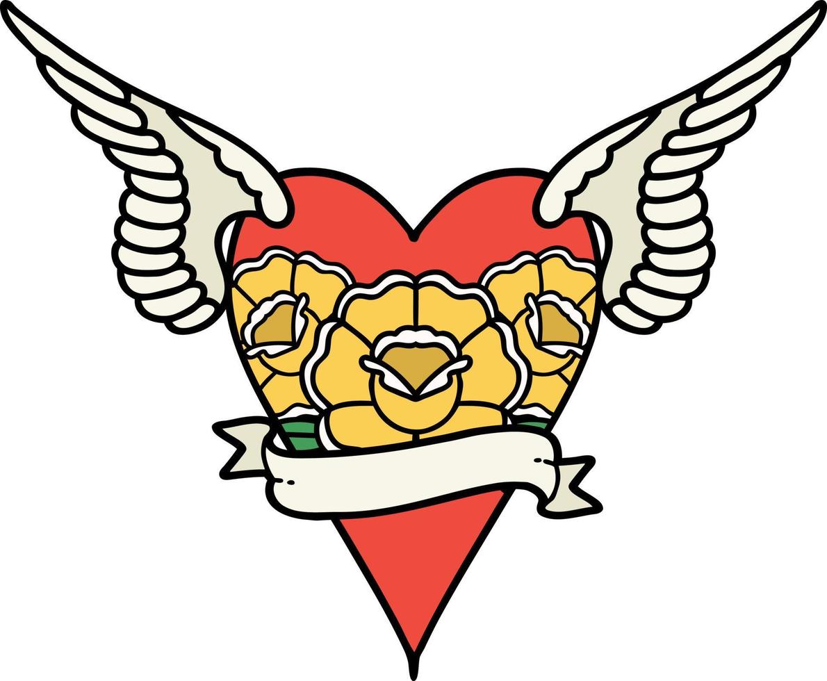 tradizionale tatuaggio di un' cuore con Ali e bandiera vettore