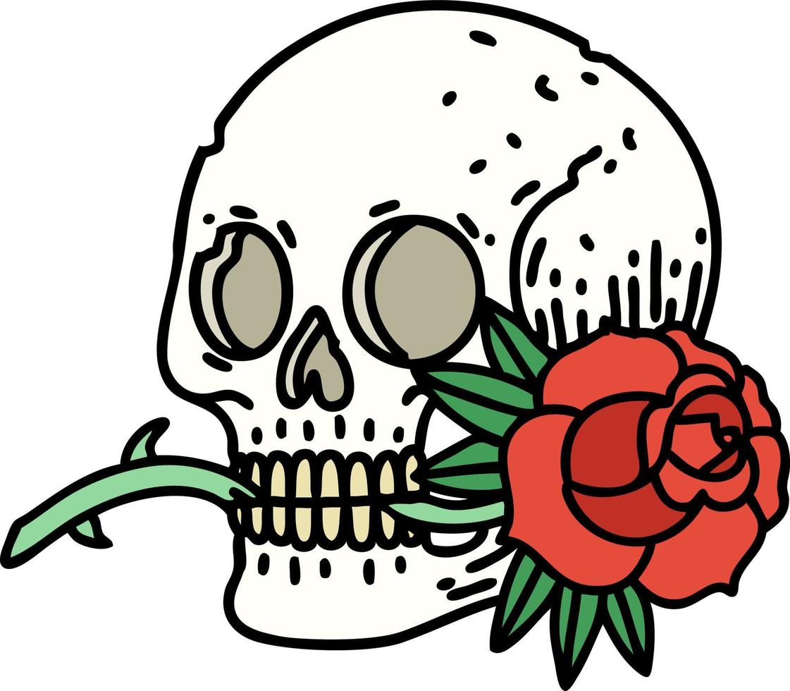 tradizionale tatuaggio di un' cranio e rosa vettore