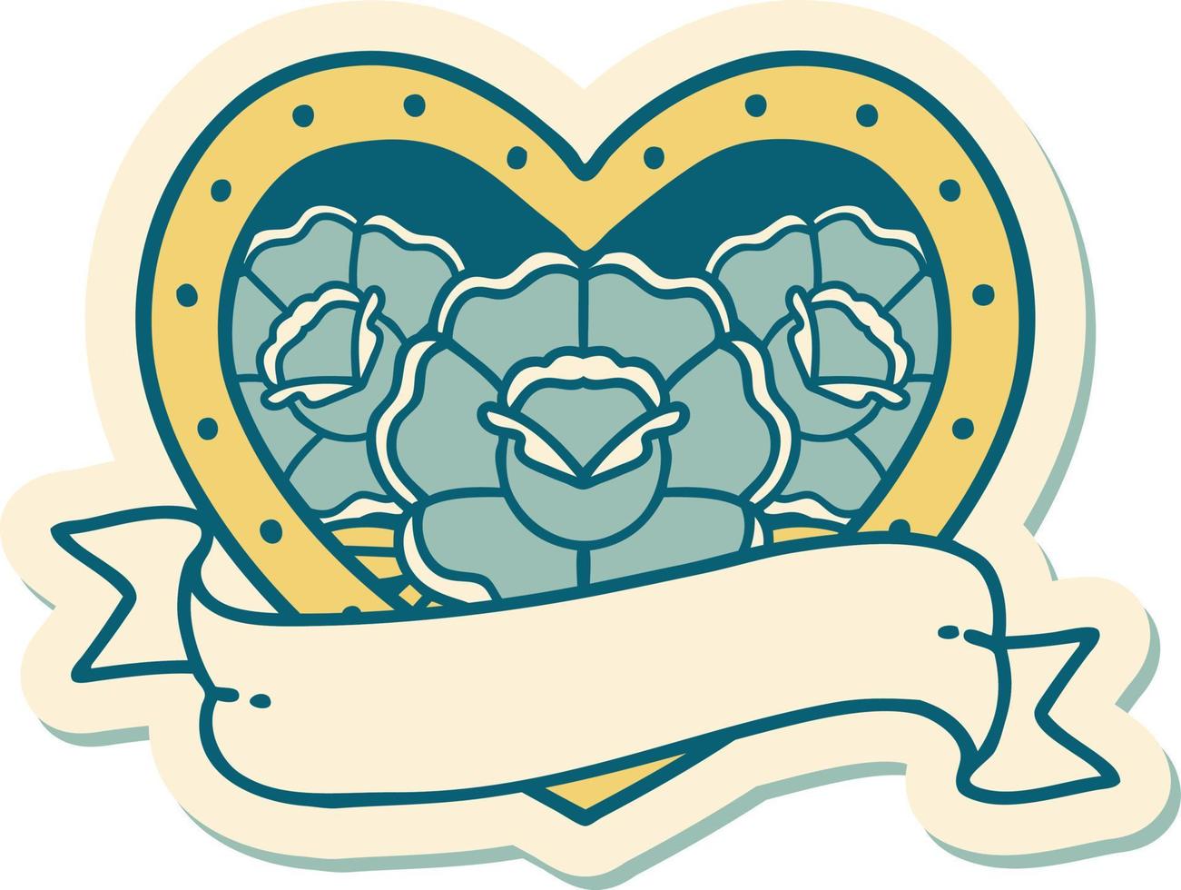 tatuaggio stile etichetta di un' cuore e bandiera con fiori vettore