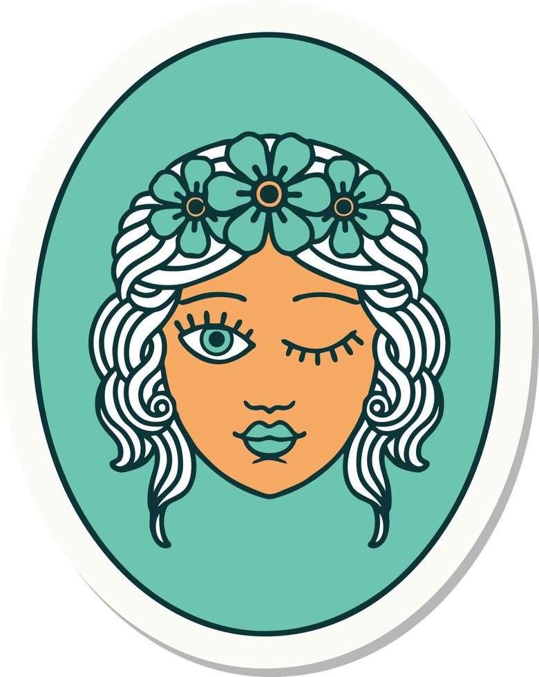 etichetta di tatuaggio nel tradizionale stile di un' fanciulla con corona di fiori strizzando l'occhio vettore