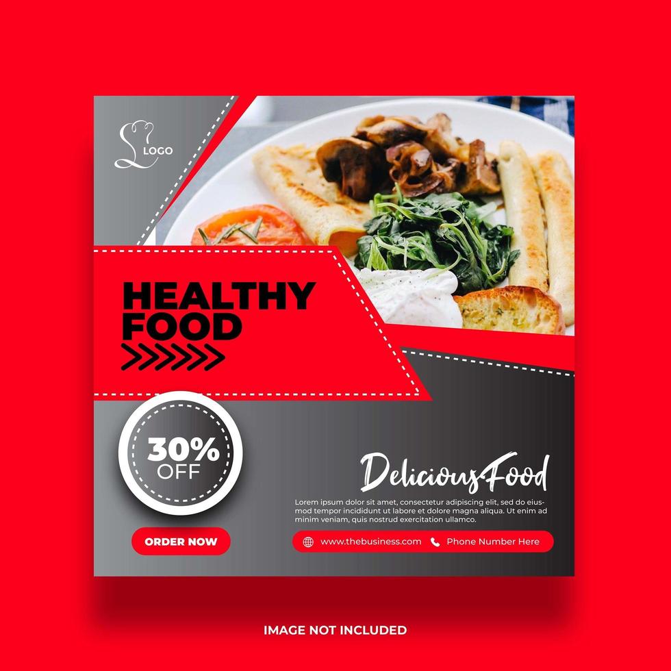 banner di social media per cibo sano ad angolo rosso e grigio vettore