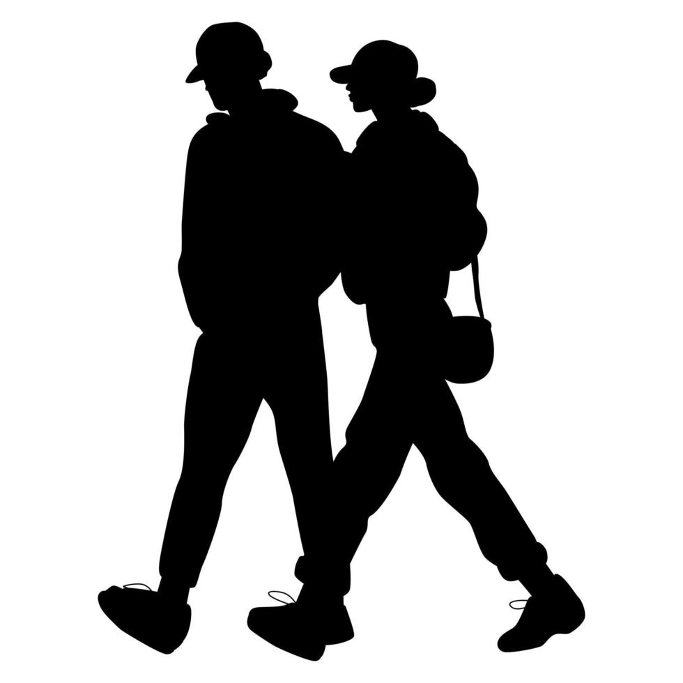 dettagliato sagome di uomo e donna a piedi insieme Tenere mani. casuale Data concetto. romantico coppia passeggiando in giro il strada. vettore