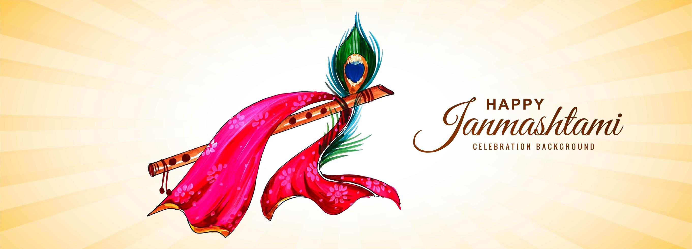 shree krishna janmashtami festival banner con sciarpa, flauto, piuma vettore