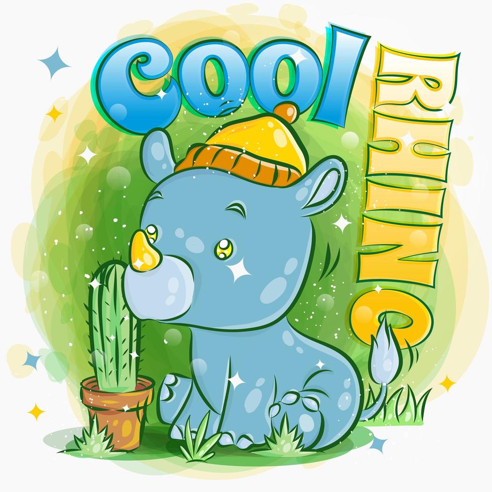 simpatico rinoceronte indossa un cappello e si siede sull'erba vettore