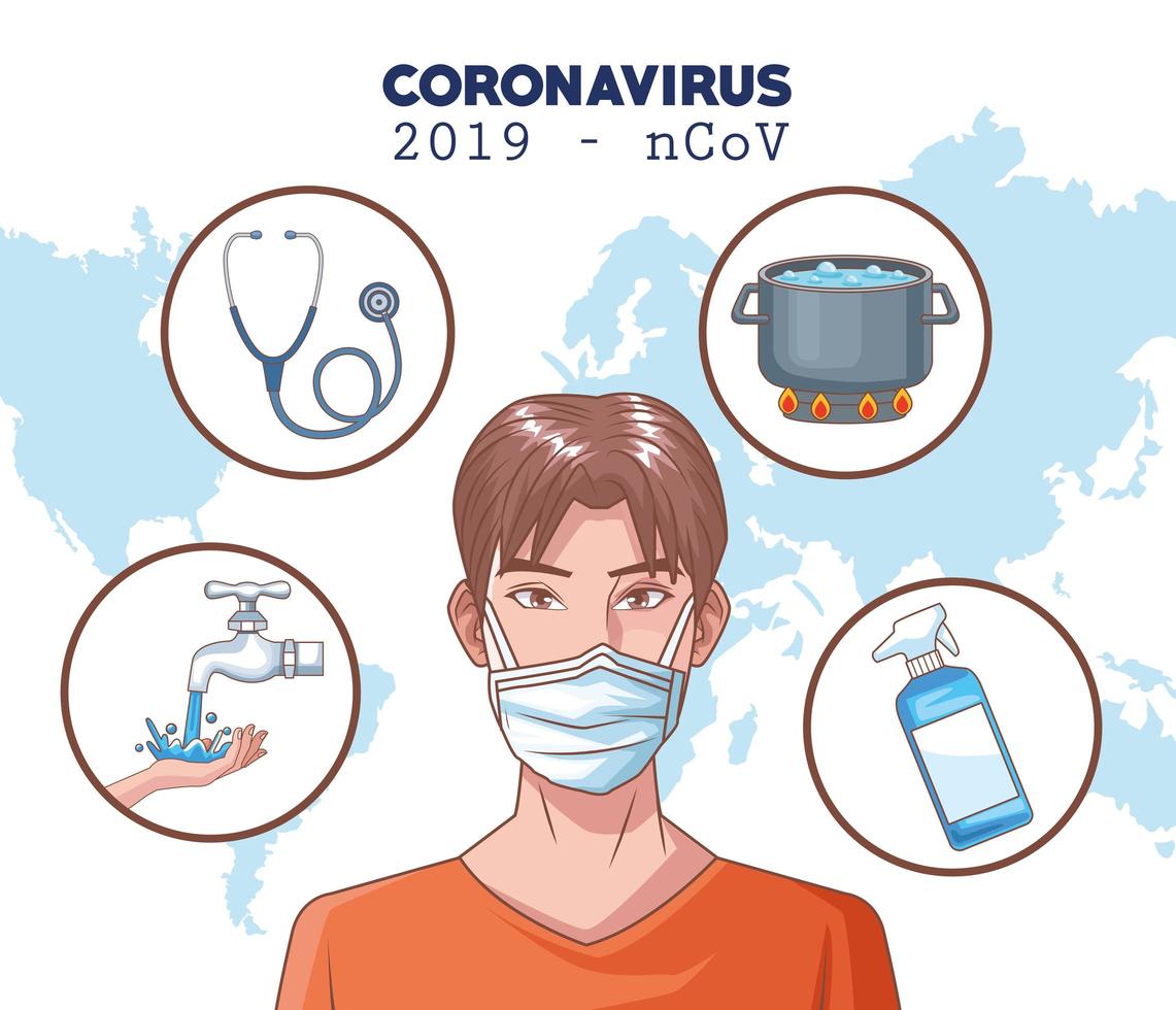 infografica di coronavirus con l'uomo che utilizza la maschera di protezione vettore