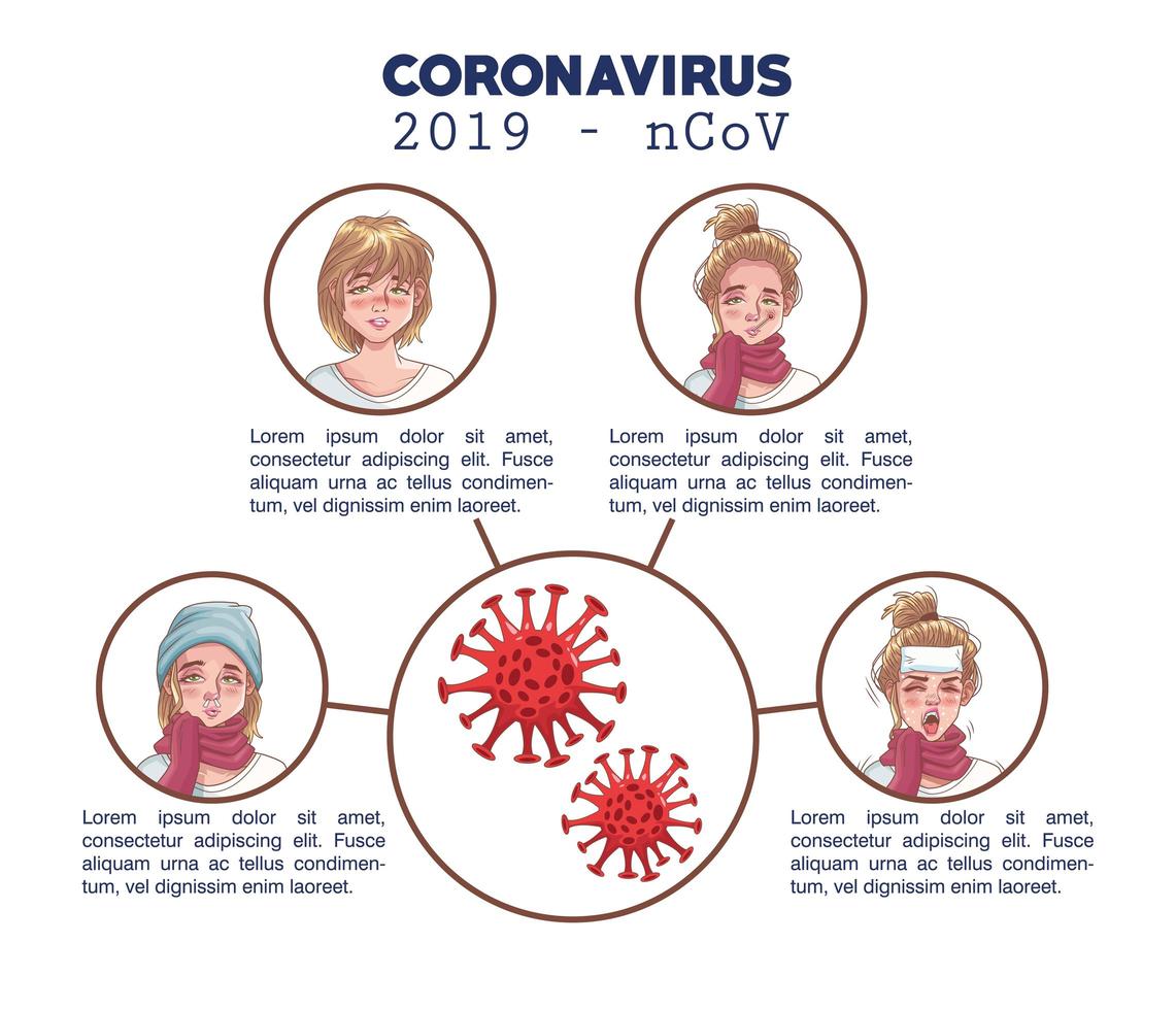 infografica di coronavirus con personaggi di donne malate vettore