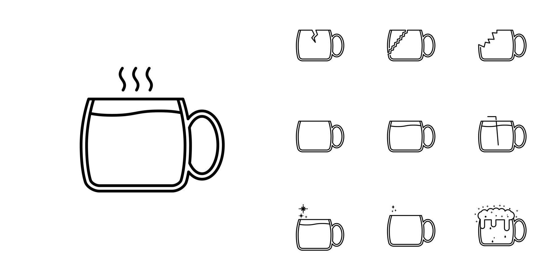 dieci imposta di tè o caffè boccale tazza bicchiere linea icone. con un' cannuccia, caldo acqua, bibita e schiuma. semplice, linea, silhouette e pulito stile. nero e bianca. adatto per simboli, segni, icone o loghi vettore