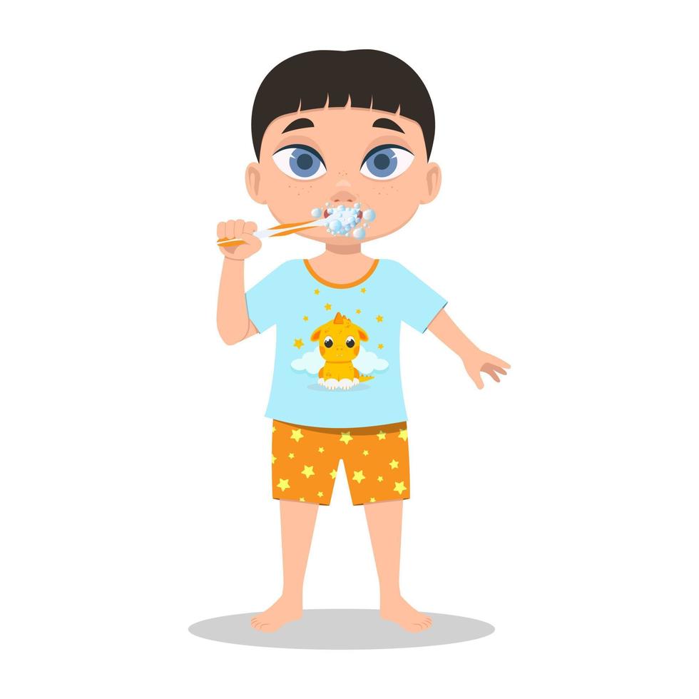 un' bambino nel pigiama spazzole il suo denti vettore