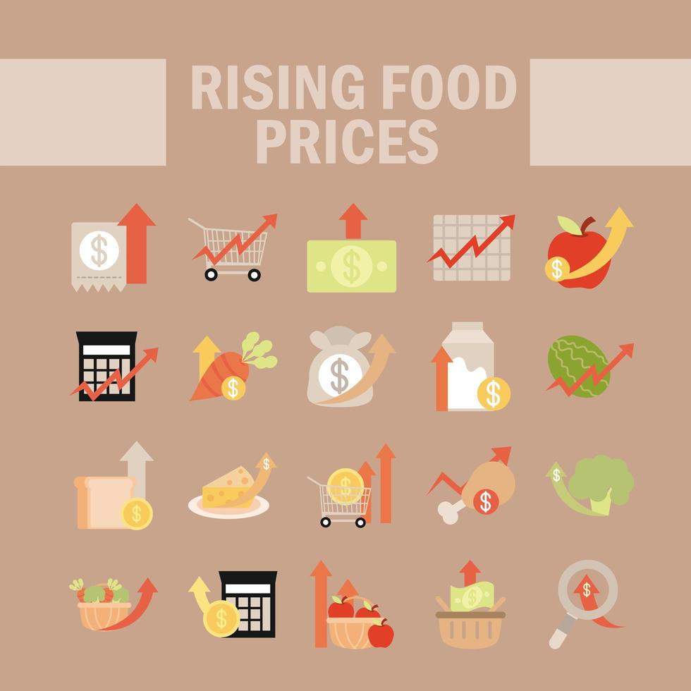 set di icone di aumento dei prezzi del cibo vettore