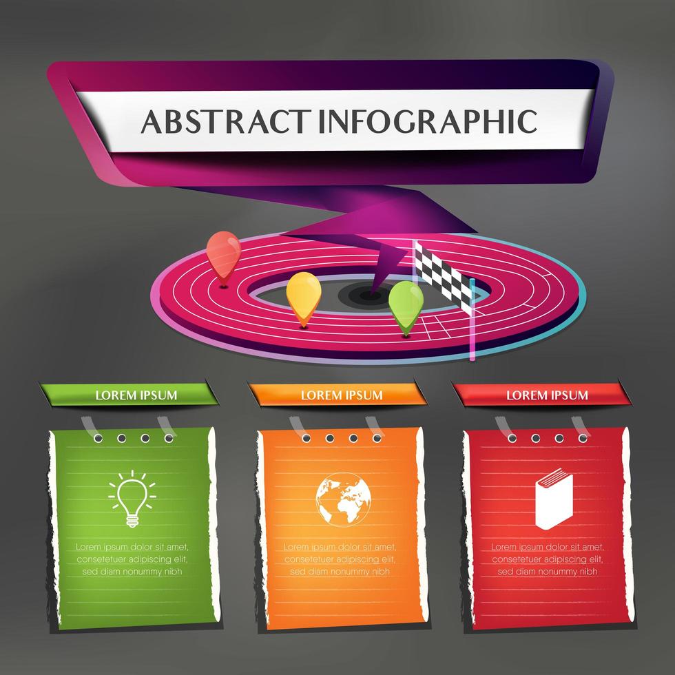 pista da corsa infografica con 3 note di carta vettore