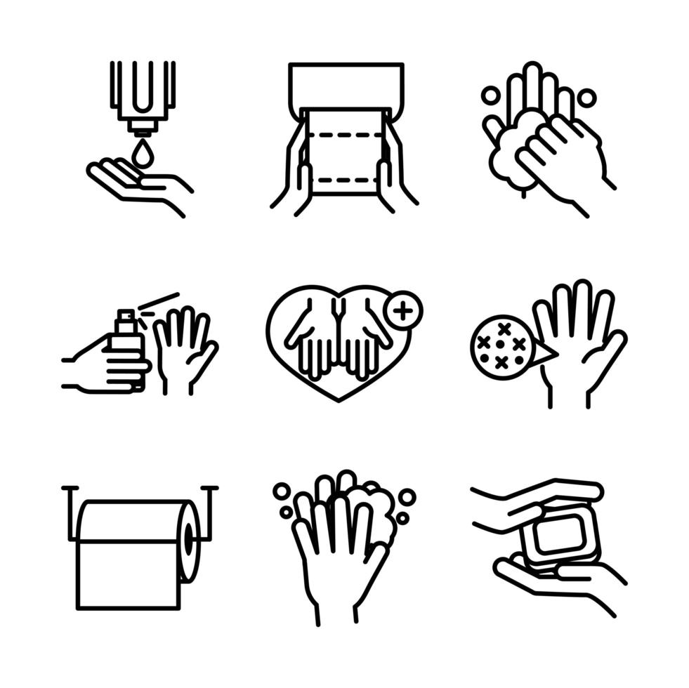set di icone del pittogramma di controllo delle infezioni e dell'igiene delle mani vettore