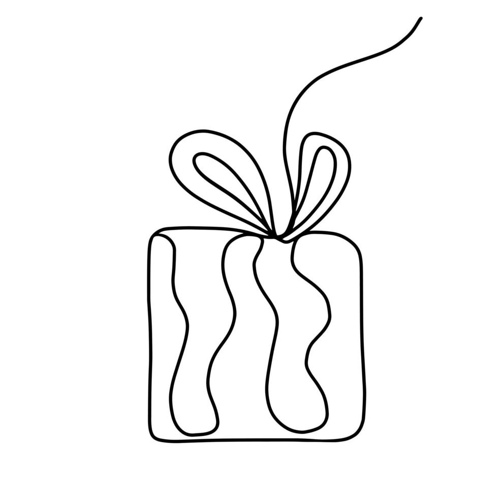 vettore minimalista illustrazione di un' regalo scatola disegnato di mano con uno linea. sorpresa, regalo legato con un' nastro isolato su un' bianca sfondo