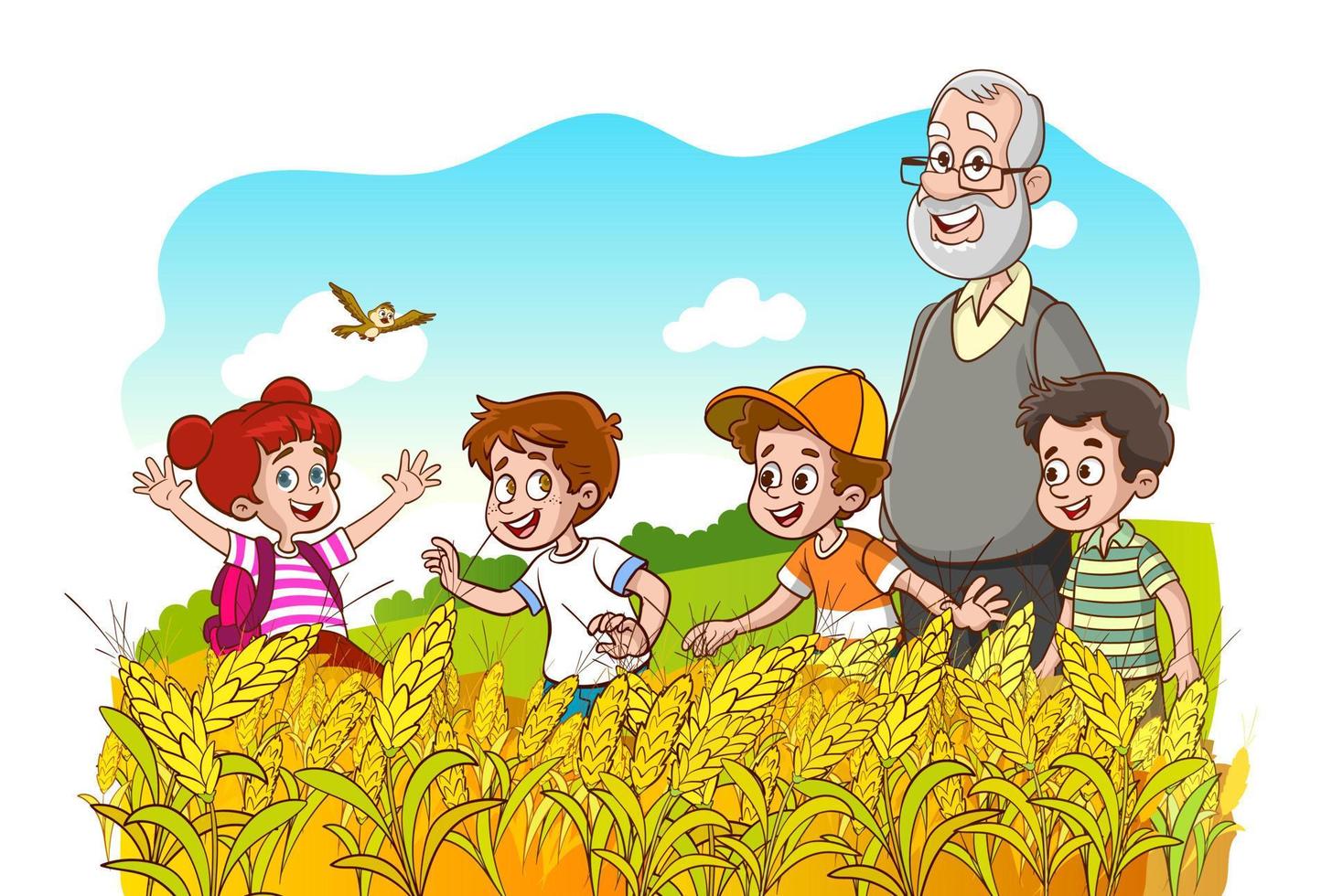 vettore illustrazione di Nonno e bambini nel Grano campo