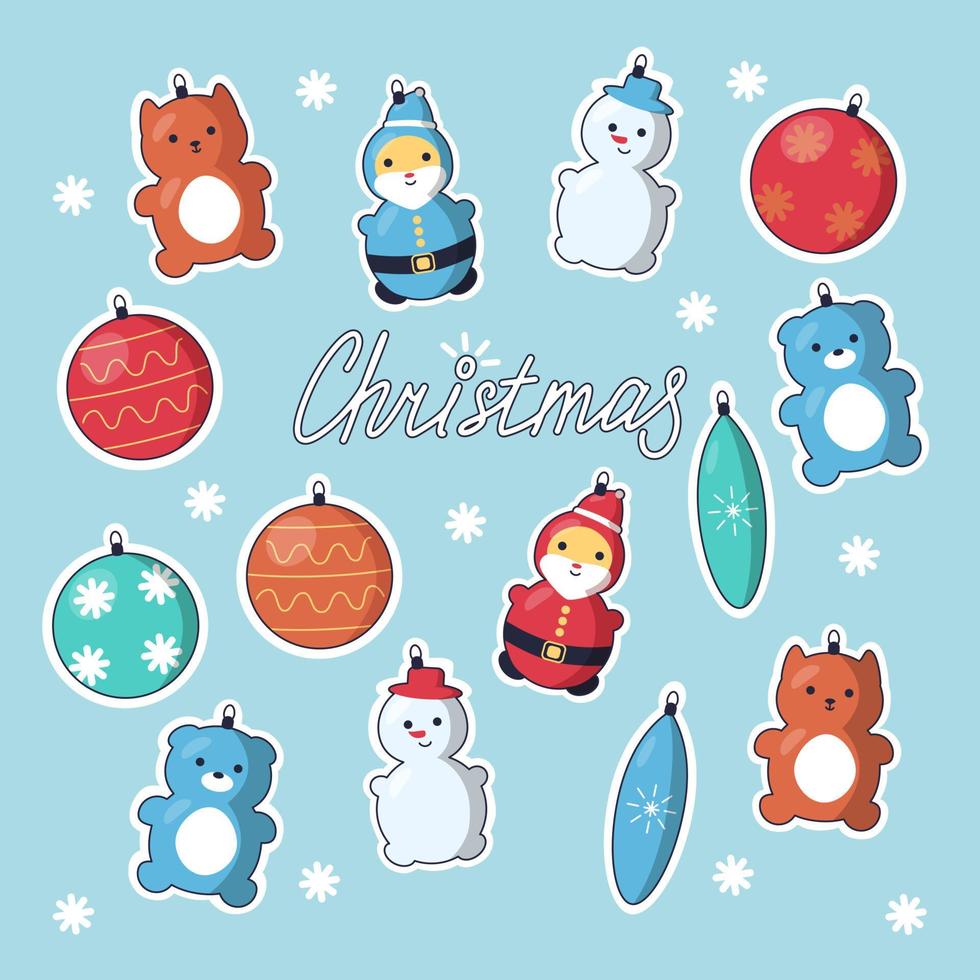 decorazioni per Natale albero. pupazzo di neve, babbo natale, gattino, orsacchiotto orso e altro carino ornamenti su leggero blu sfondo. vettore illustrazione nel cartone animato stile